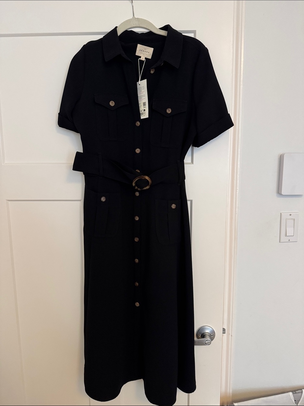 Sezane Black Raquel Short-Sleeve Button Midi Shirt Dress with Belt